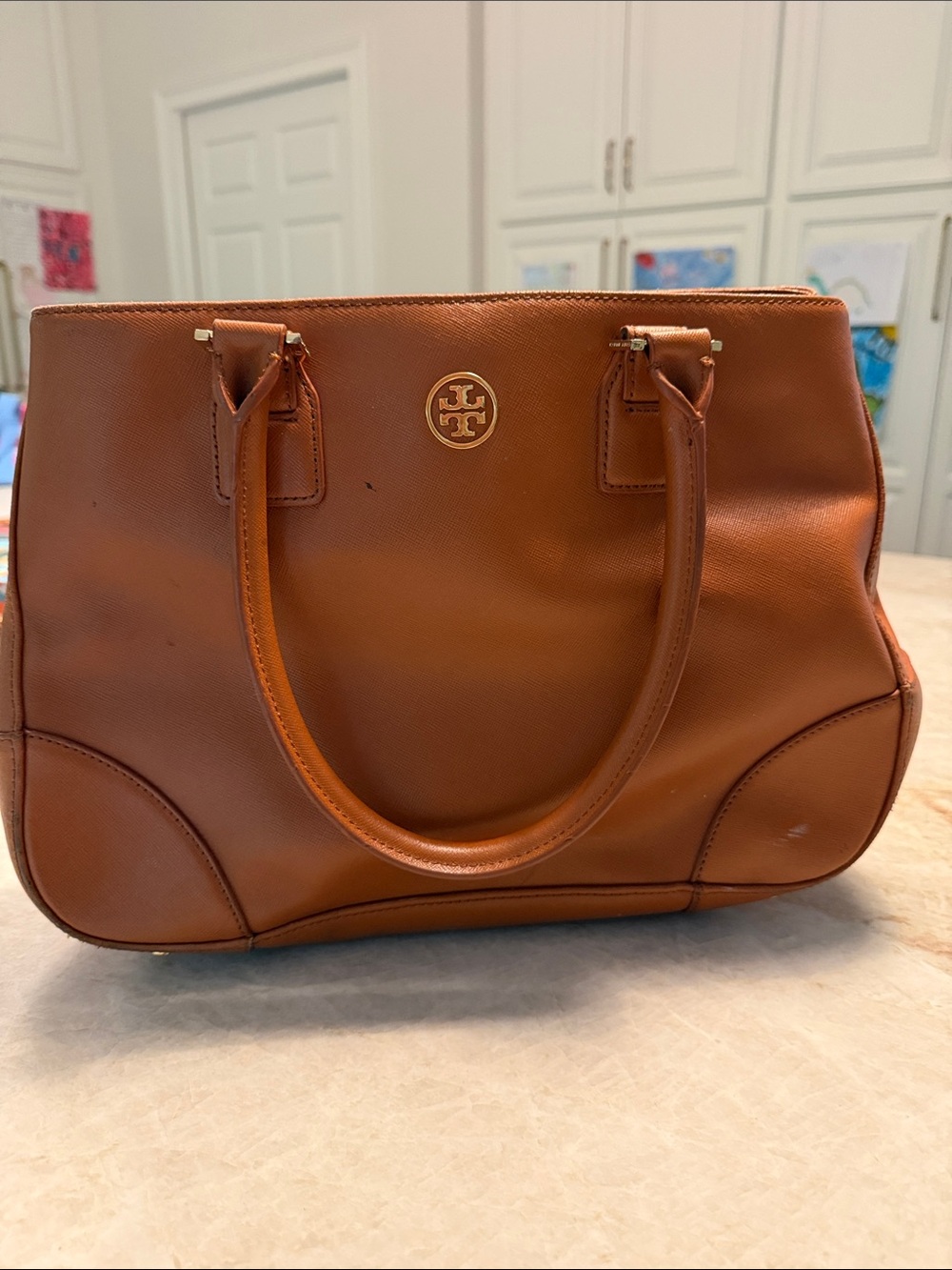 Tory Burch Cognac Leather Double-Handle Tote - Picture 4 of 6